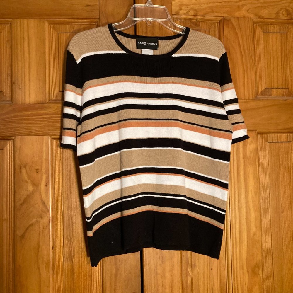 NWOT Sag Harbor Vintage 90s Knit Top Short Sleeve Blouse Tan Black Size L Large